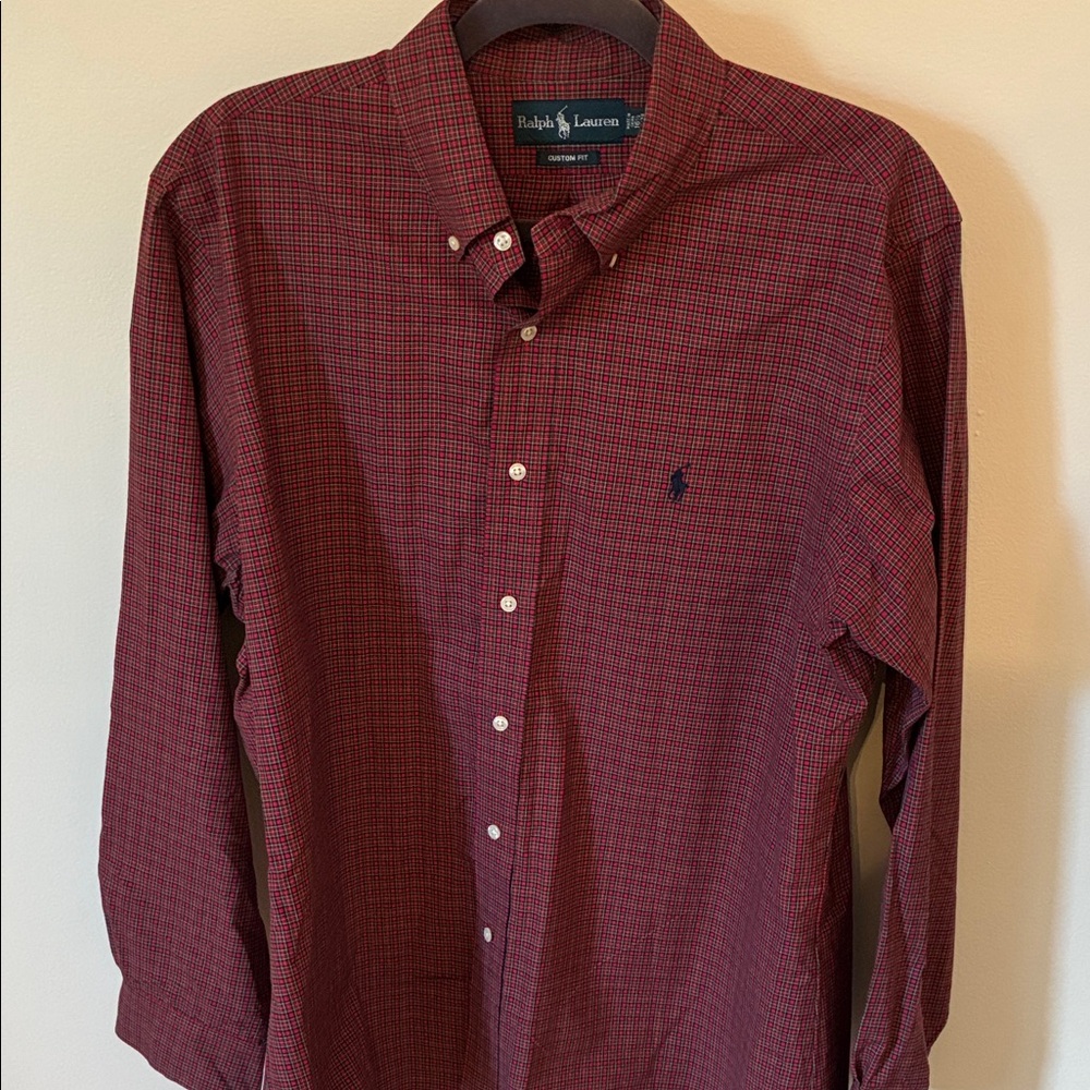 Ralph Lauren Red Plaid Button Down  Long Sleeve Shirt Custom Fit 16 1/2 34/35